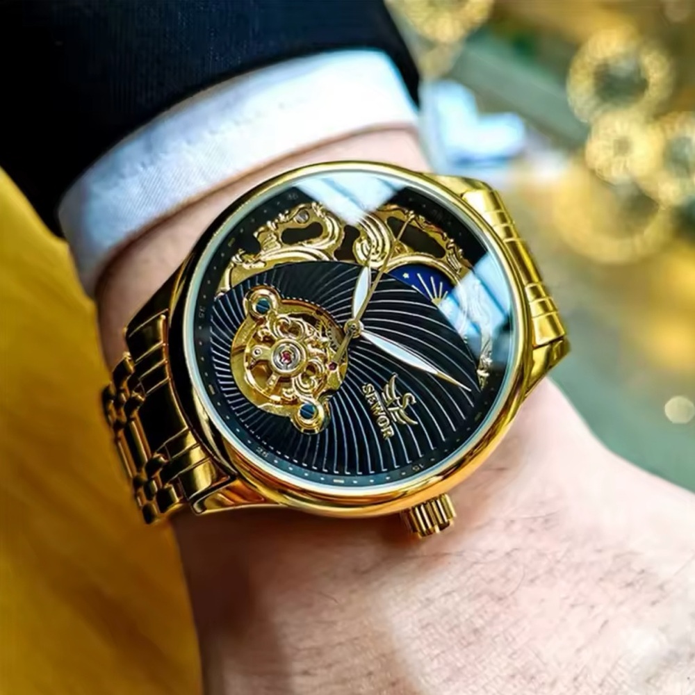 Gold Skeleton Watch with Black Dial